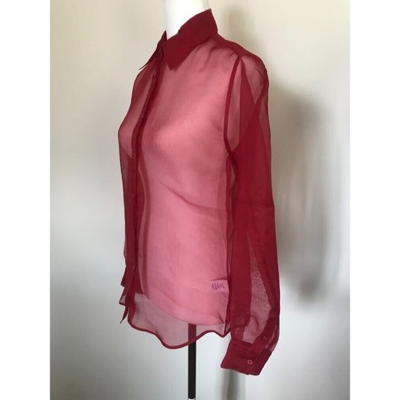 HELMUT LANG Long Sleeve Sheer Silk Organza Button Up Shirt Womens Size Small Red - Picture 6 of 10